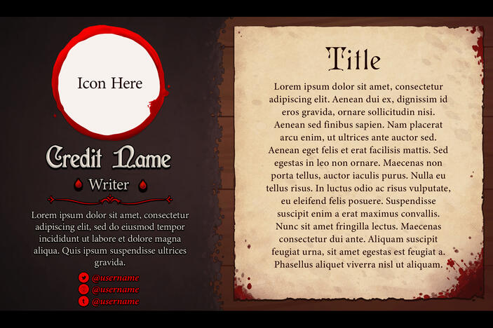 The writer contributor spotlight for the Sanguine Zine. Features contributor information on the left and a written sample on a piece of bloody paper on the right.