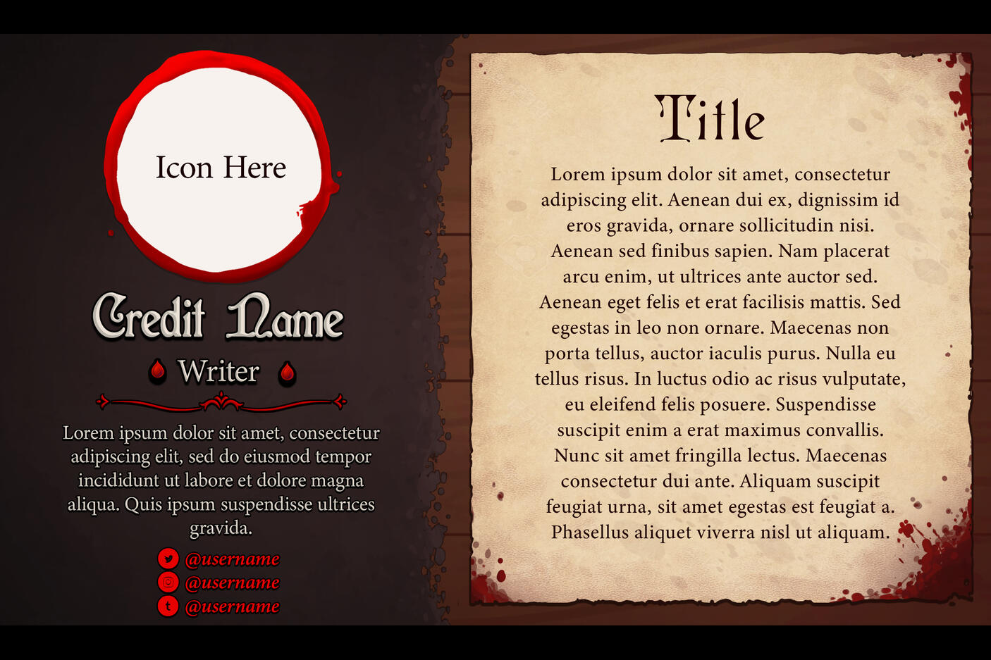 The writer contributor spotlight for the Sanguine Zine. Features contributor information on the left and a written sample on a piece of bloody paper on the right.