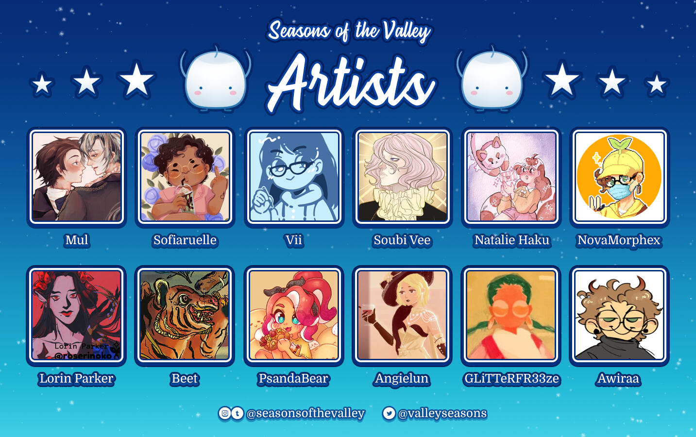 A contributor lineup graphic for the Seasons of the Valley zine.