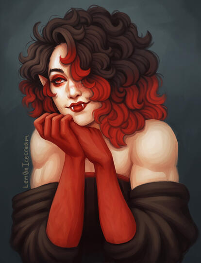 A portrait painting of my character Virille. They have a small smile on their face looking off screen with their hands clasped together by their chin.