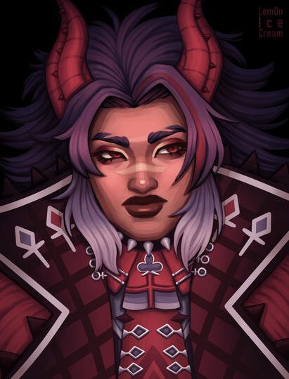 A portrait painting of a character with a large collared jacket and tie, red spiked horns, long spiky dark hair, and a scar across the nose.