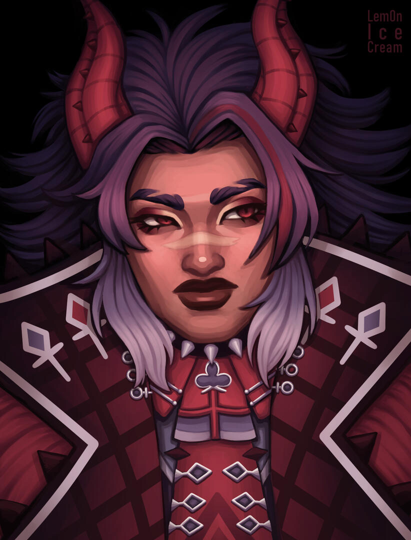 A portrait painting of a character with a large collared jacket and tie, red spiked horns, long spiky dark hair, and a scar across the nose.