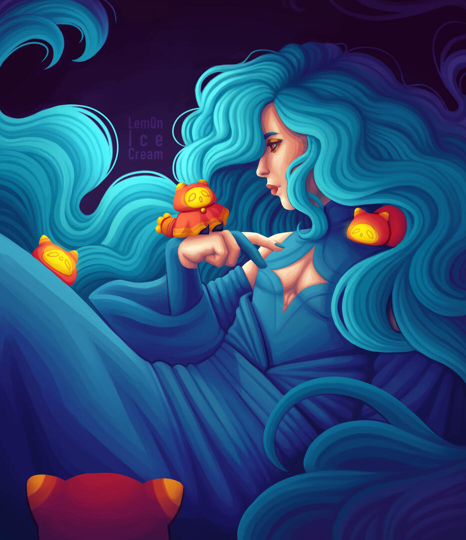 A DTIYS entry. A god with long blue hair and robes with a small red creature named Momo on his hand. A few other Momo's are around him.