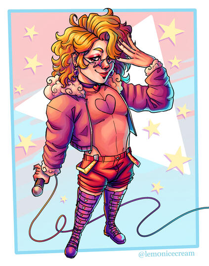 An illustration of Aoyama Yuuga from BNHA as an idol. He is dressed in pink and purple clothes and has star shaped glasses on. The image has a bird&#39;s eye perspective.