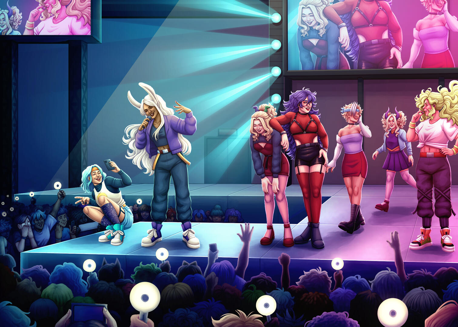 A digital painting of Pro Hero women from BNHA as idols performing on stage.