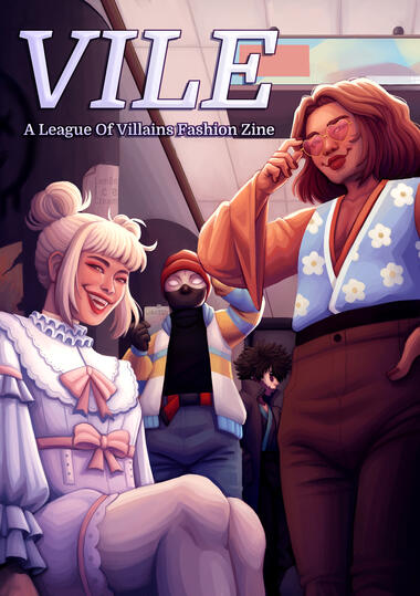 A digital painting of Toga, Magne, Twice and Dabi in various fashion styles. They are posing looking down at the camera in an underground subway station.