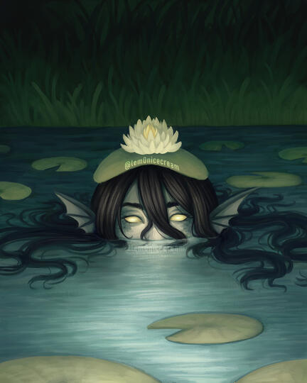 A painting of an aquatic monster in the middle of a swamp surfacing with their head half out of the water. They are surrounded by lily pads and have one sitting on top of their head.