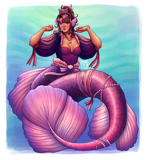 A full-body illustration of my character Phoenix as a betta fish mermaid. She is adorned with various bows, pearls, and seashell themed accesories. She has her hands raised next to her face and is wearing a smile.