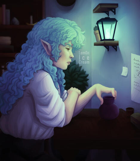A painting of my character Lucius sitting at a desk holding a purple vase. There is a blue lantern lighting up the room.