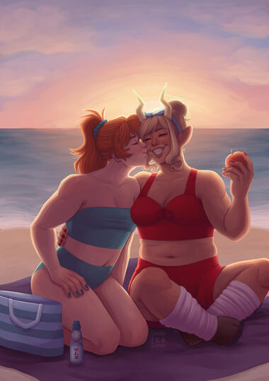 A painting featuring BNHA characters Pony and Kendou on a beach. Kendou is sitting on the left next to a bag and leaning over to kiss Pony on the cheek, who is smiling and holding an apple.