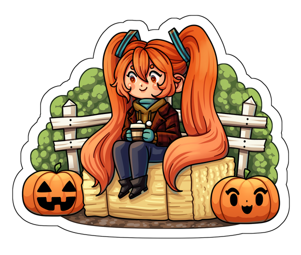 An autumn themed Hatsune Miku design. Miku has long orange pigtails and is holding a coffee cup while wearing cozy attire. She is sitting on a haybale in front of a fence and bushes, and there are two carved pumpkins next to her.
