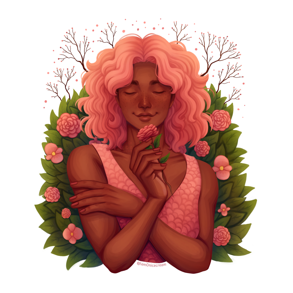A painting of Begonia from the webcomic Countdown to Countdown, holding a flower up to her face. There are flower bushes and branches behind her.