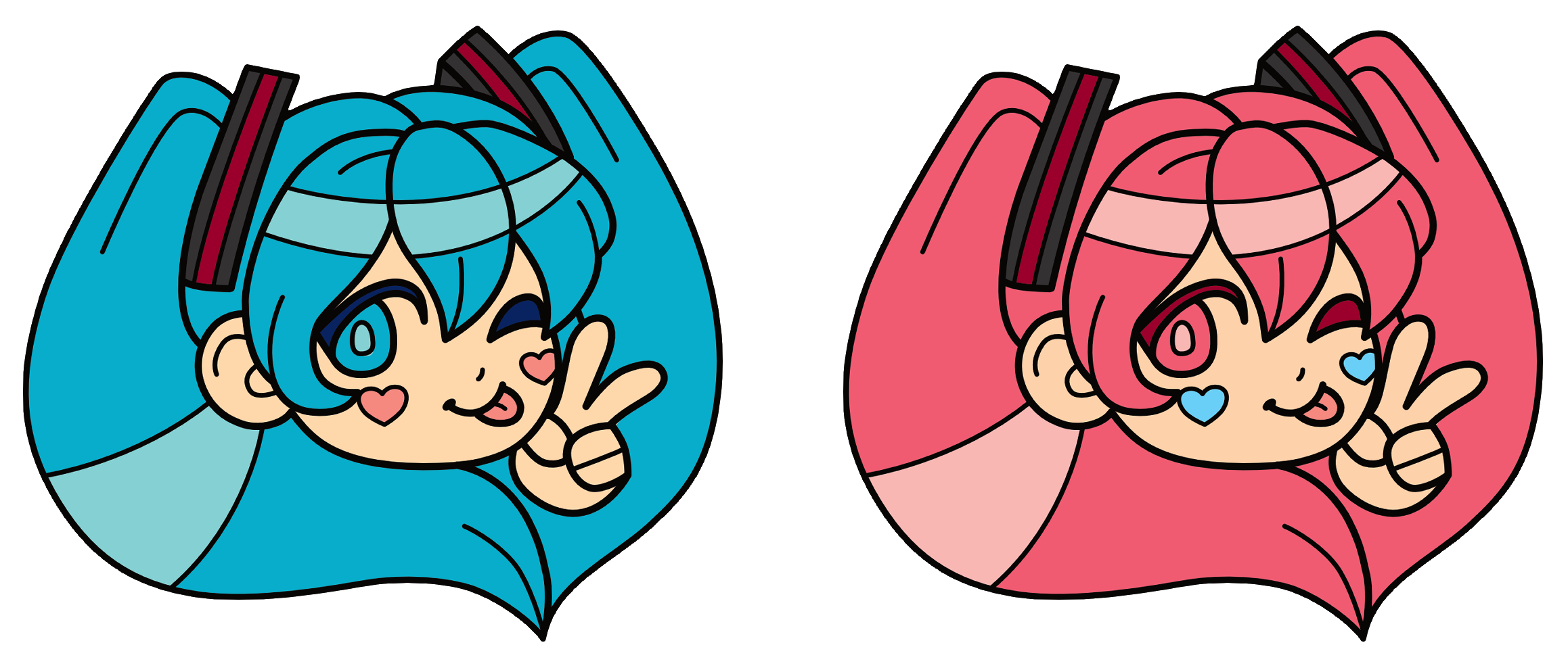 Two alternate coloured Hatsune Miku enamel pin designs, one classic blue and the other one pink. She is looking towards the viewer and sticking her tongue out with one eye closed. She is holding up a peace sign with one hand.