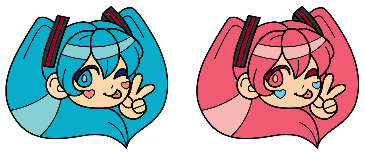 Two alternate coloured Hatsune Miku enamel pin designs, one classic blue and the other one pink. She is looking towards the viewer and sticking her tongue out with one eye closed. She is holding up a peace sign with one hand.