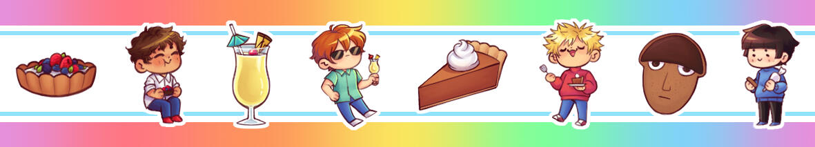 A washi tape design featuring Mob Psycho 100 characters and seasonal foods. Serizawa is eating a berry tart, Reigen is drinking a piña colada, Teru is eating a piece of pumpkin, and Shigeo is decorating a gingerbread cookie.