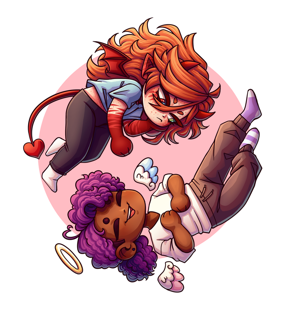 A circular composition image of angel Marenn and demon Eliah laying around each other. Marenn is smiling with his arms across his chest, Eliah is looking at him with a hand under his cheek.