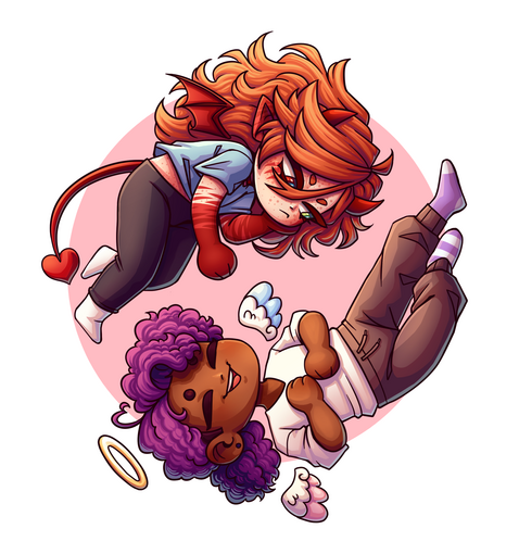 A circular composition image of angel Marenn and demon Eliah laying around each other. Marenn is smiling with his arms across his chest, Eliah is looking at him with a hand under his cheek.