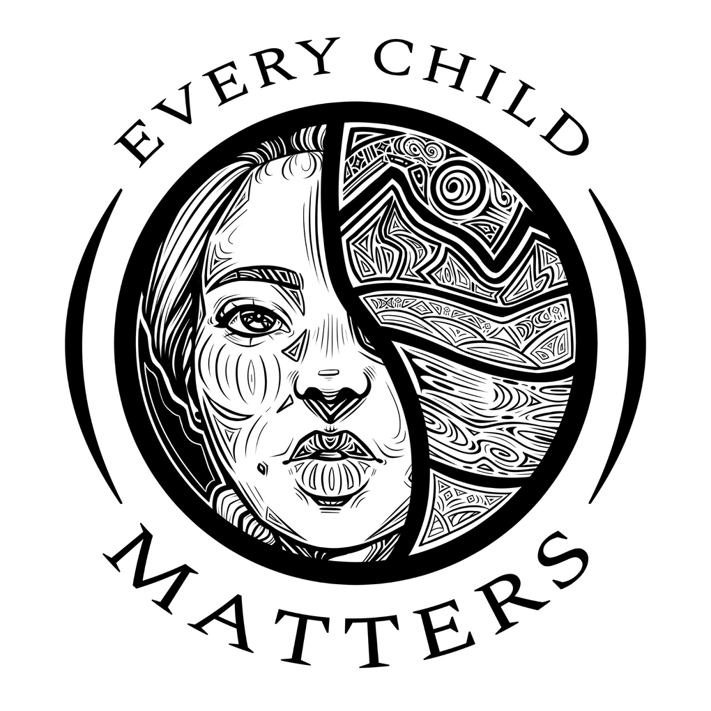 A formline inspired black and white "every child matters" design. The design is split in two with a young indigenous person on the left, and a stylized landscape on the right. The text "every child matters" surrounds the piece in a circular shape.