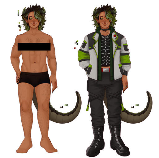 A dragon humanoid design, based on a mixture of eastern/western dragons. Inspiration for the outfit was taken from tech and streetwear.