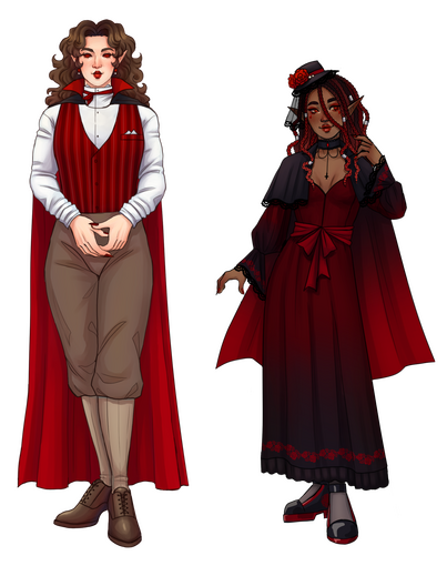 Two matching vampire women, one classic Victorian and the other modern gothic. They were designed for the Sanguine Vampire Zine.