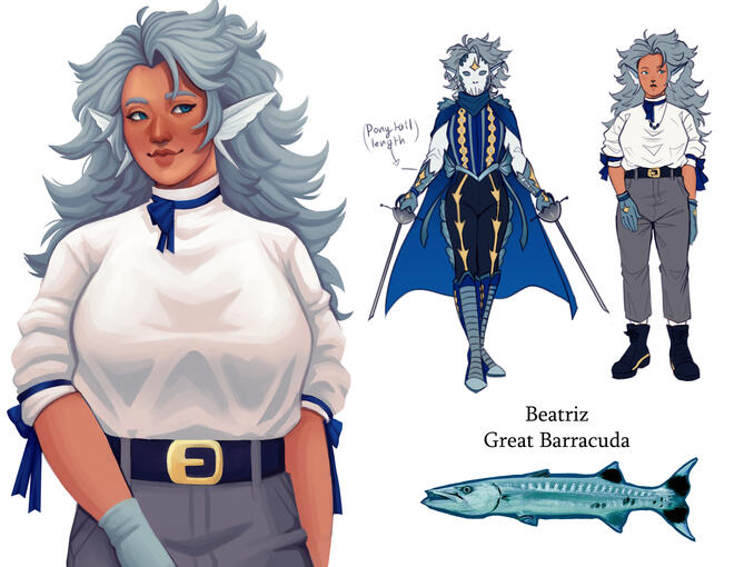 A fish-themed comic character design based on a great barricuda. Outfit inspiration was taken from general fantasy-media pirates, as well as some real-world historical silhouettes (primarily 1800s.)