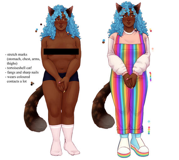 A humanoid cat boy desig, based on a tortoiseshell cat. Design is based on decora fashion.