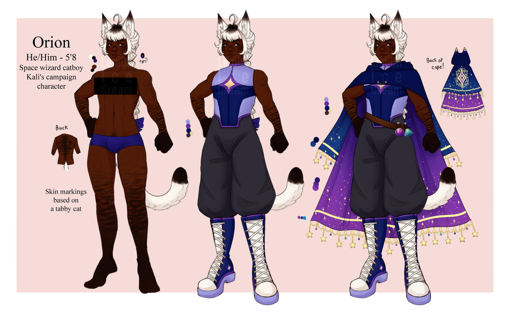 A space-themed mage cat boy. Design elements were inspired by various fantasy games and witch designs, especially Terraria.